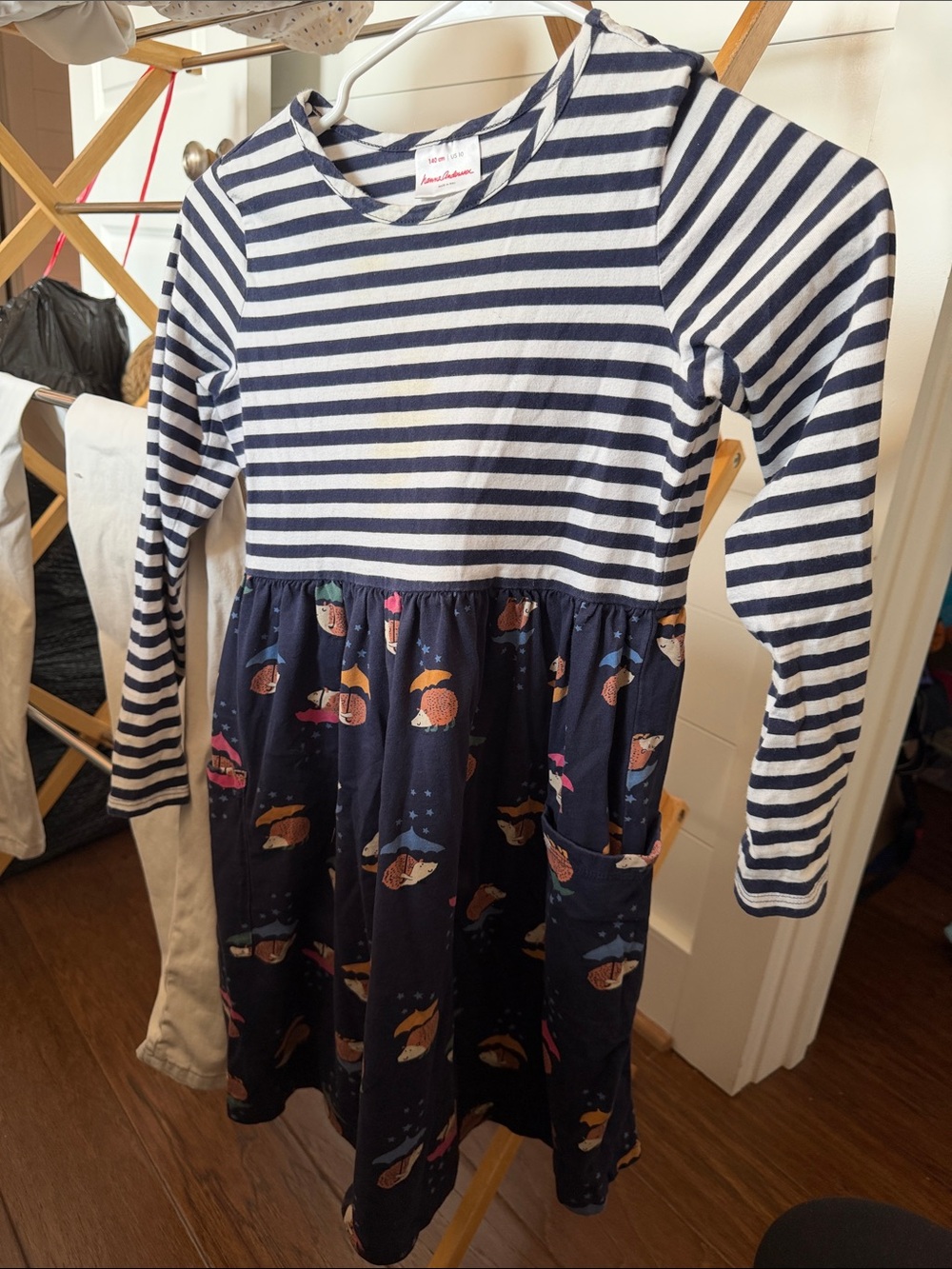 Hanna Andersson Navy and White Striped Dress with Hedgehog Print